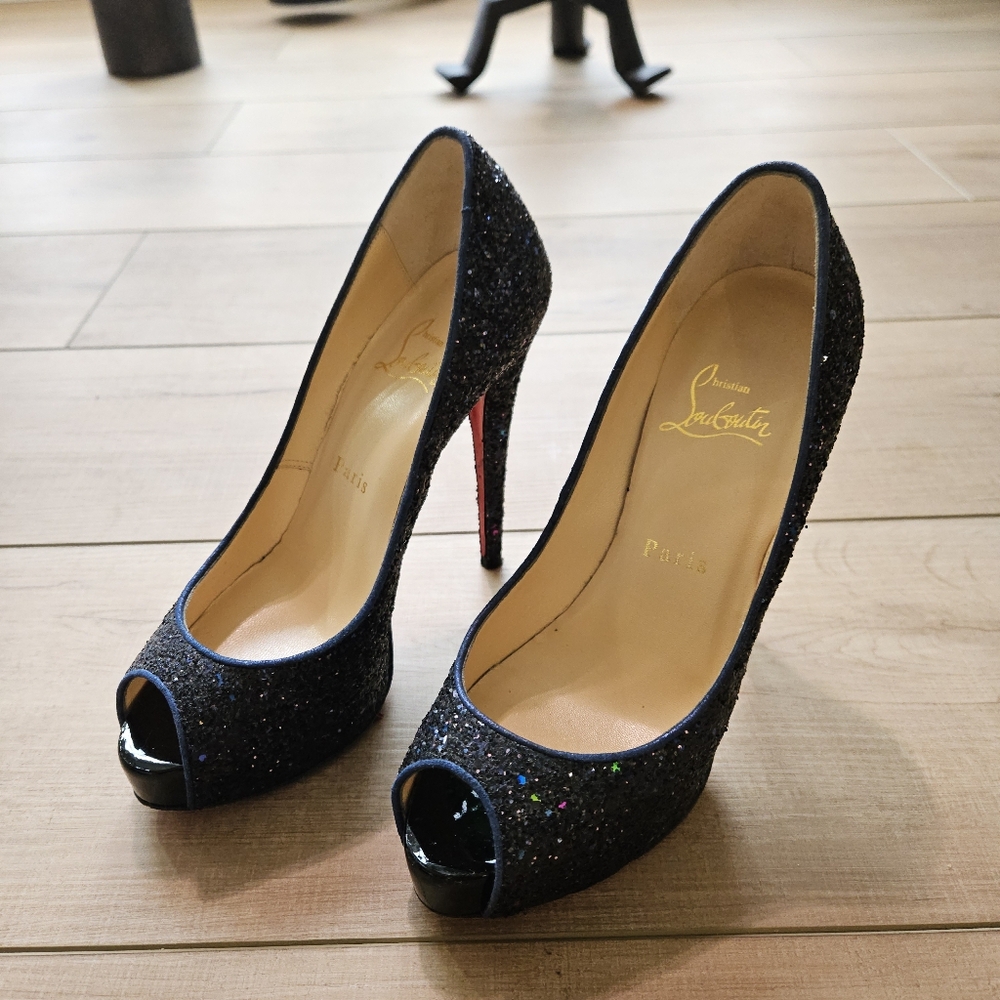 Christian Louboutin Marine Glitter Very Prive 120 Peep Toe Heels - Picture 7 of 7